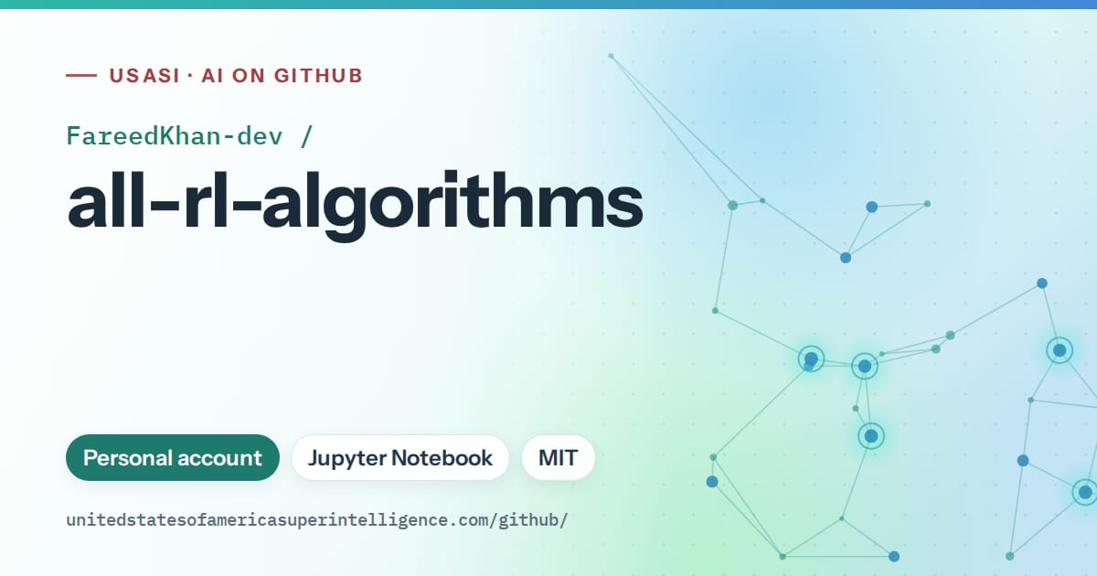 Generated teal constellation network artwork for FareedKhan-dev/all-rl-algorithms, labeled USASI · AI on GitHub, with Personal account · Jupyter Notebook · MIT.