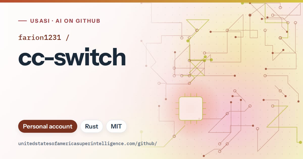 Generated red circuit-trace artwork for farion1231/cc-switch, labeled USASI · AI on GitHub, with Personal account · Rust · MIT.