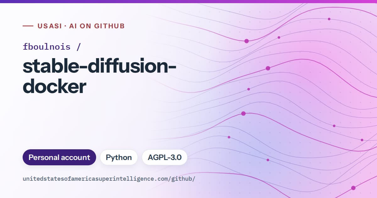 Generated violet flowing-wave artwork for fboulnois/stable-diffusion-docker, labeled USASI · AI on GitHub, with Personal account · Python · AGPL-3.0.