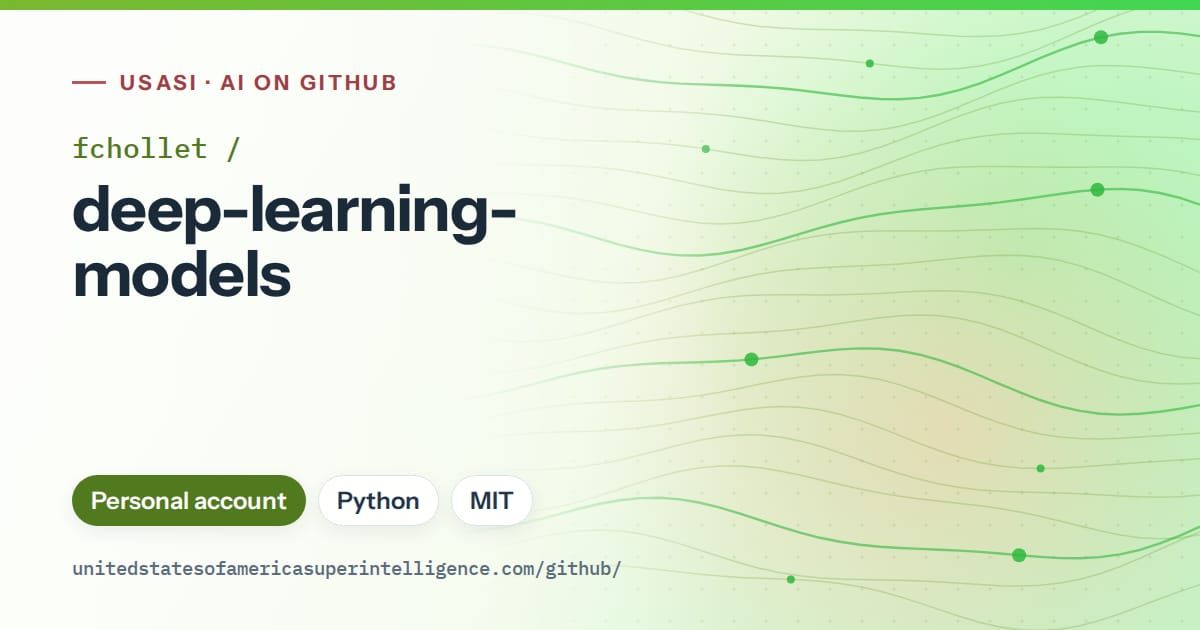 Generated green flowing-wave artwork for fchollet/deep-learning-models, labeled USASI · AI on GitHub, with Personal account · Python · MIT.