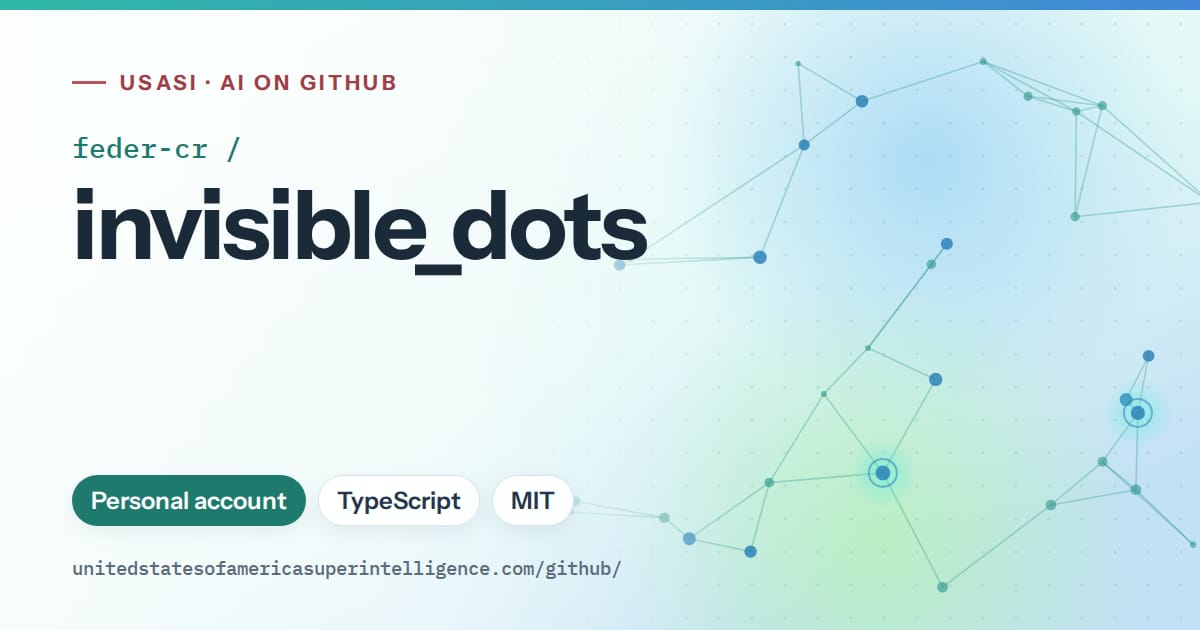 Generated teal constellation network artwork for feder-cr/invisible_dots, labeled USASI · AI on GitHub, with Personal account · TypeScript · MIT.