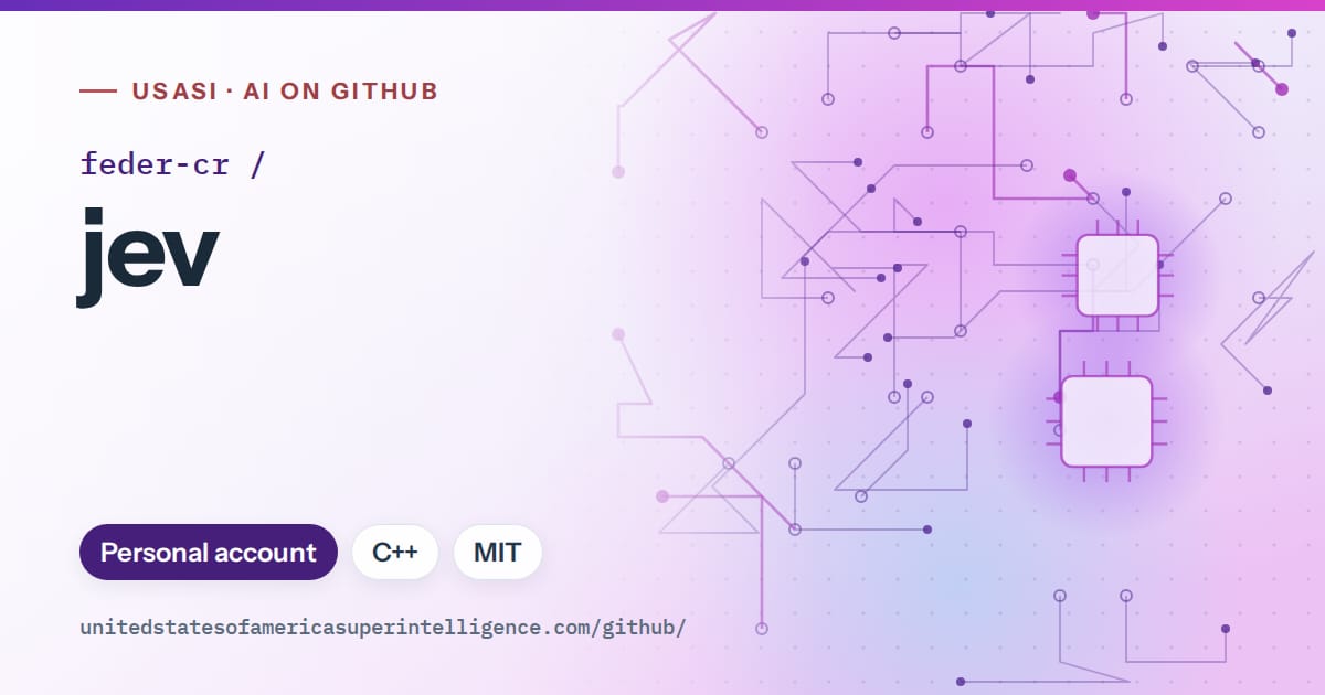 Generated violet circuit-trace artwork for feder-cr/jev, labeled USASI · AI on GitHub, with Personal account · C++ · MIT.