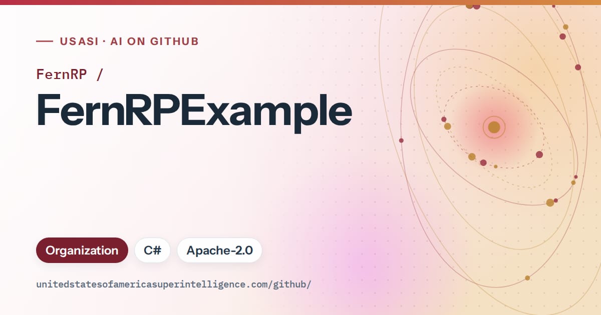 Generated red orbit artwork for FernRP/FernRPExample, labeled USASI · AI on GitHub, with Organization · C# · Apache-2.0.