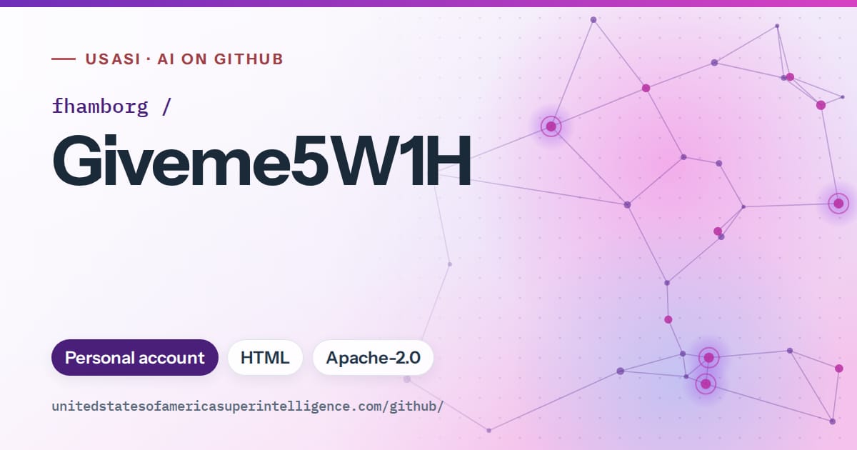 Generated violet constellation network artwork for fhamborg/Giveme5W1H, labeled USASI · AI on GitHub, with Personal account · HTML · Apache-2.0.
