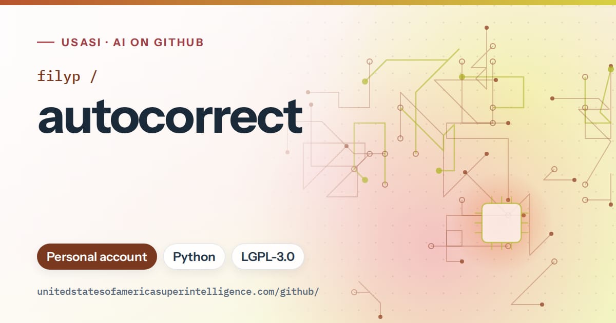 Generated orange circuit-trace artwork for filyp/autocorrect, labeled USASI · AI on GitHub, with Personal account · Python · LGPL-3.0.