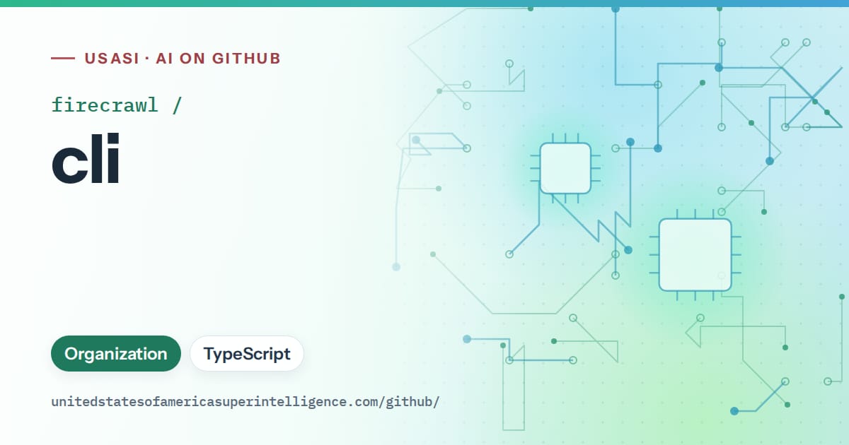 Generated teal circuit-trace artwork for firecrawl/cli, labeled USASI · AI on GitHub, with Organization · TypeScript.