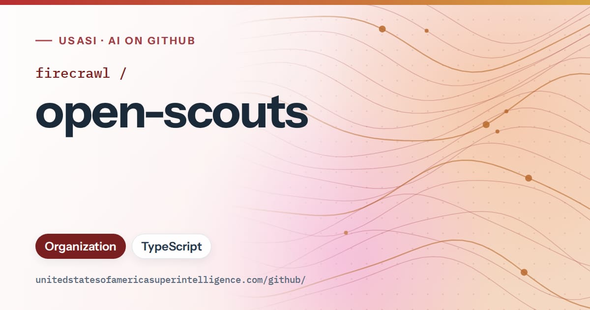 Generated red flowing-wave artwork for firecrawl/open-scouts, labeled USASI · AI on GitHub, with Organization · TypeScript.
