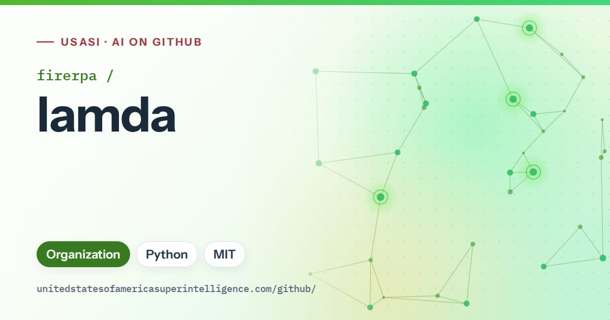 Generated green constellation network artwork for firerpa/lamda, labeled USASI · AI on GitHub, with Organization · Python · MIT.