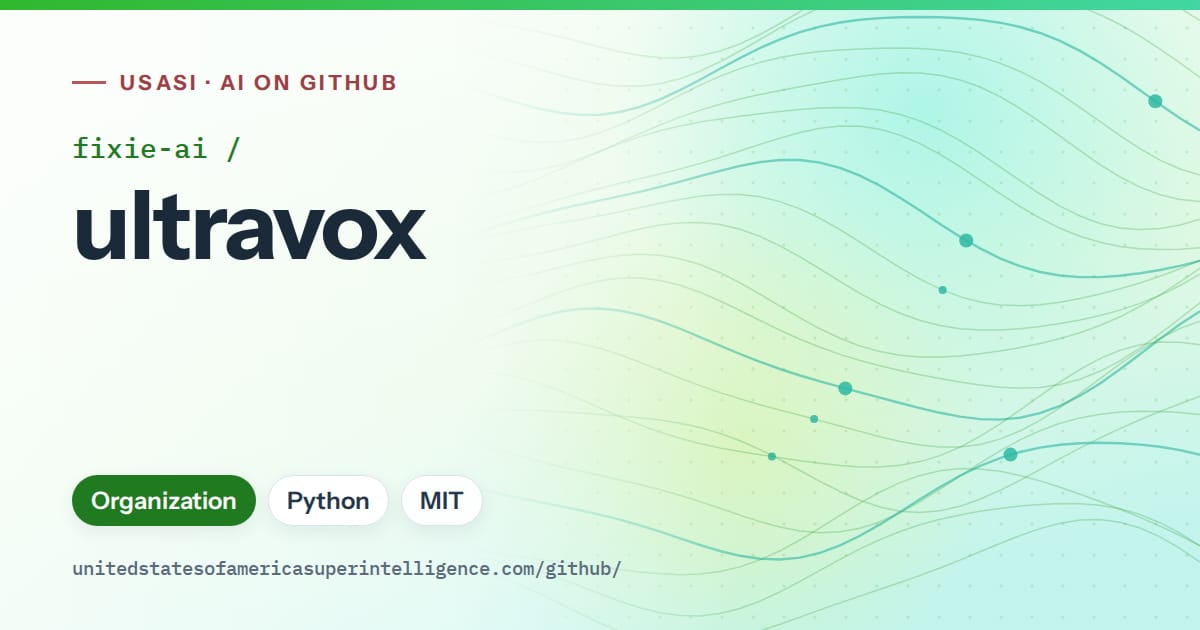 Generated green flowing-wave artwork for fixie-ai/ultravox, labeled USASI · AI on GitHub, with Organization · Python · MIT.