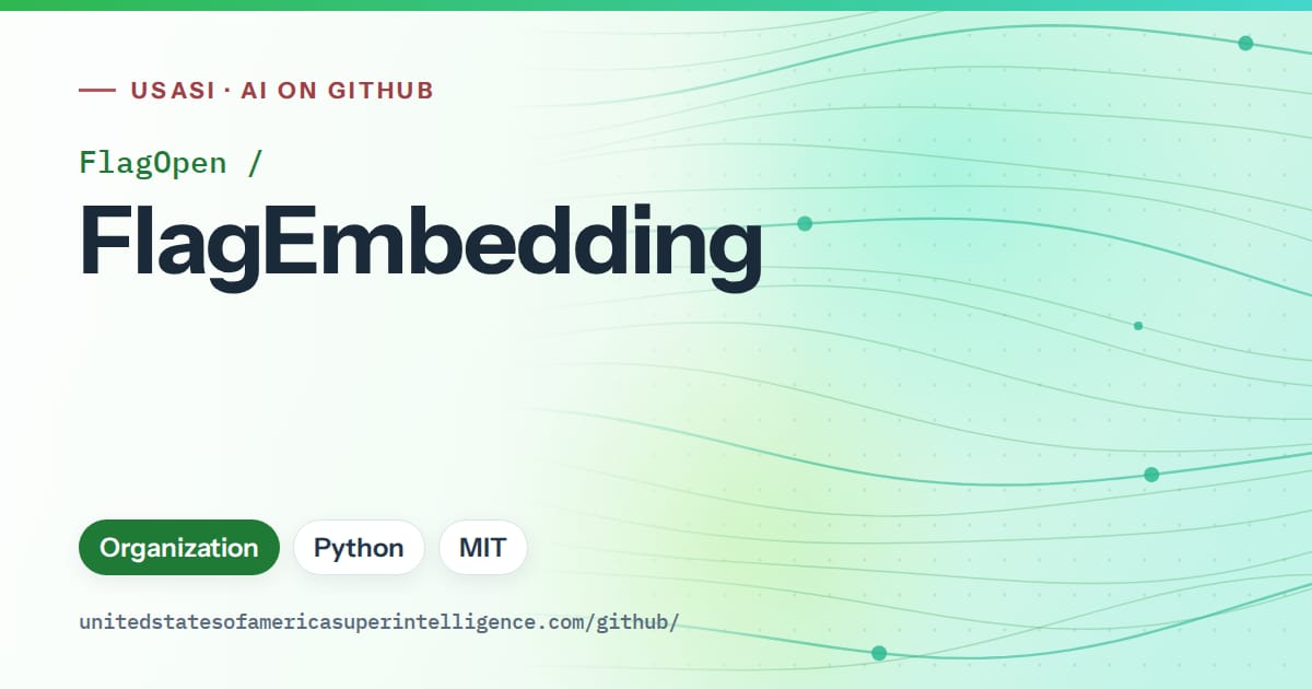 Generated green flowing-wave artwork for FlagOpen/FlagEmbedding, labeled USASI · AI on GitHub, with Organization · Python · MIT.