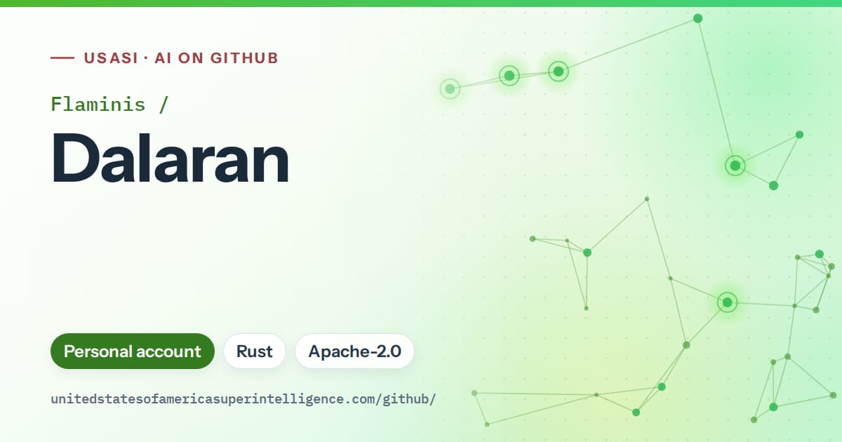 Generated green constellation network artwork for Flaminis/Dalaran, labeled USASI · AI on GitHub, with Personal account · Rust · Apache-2.0.