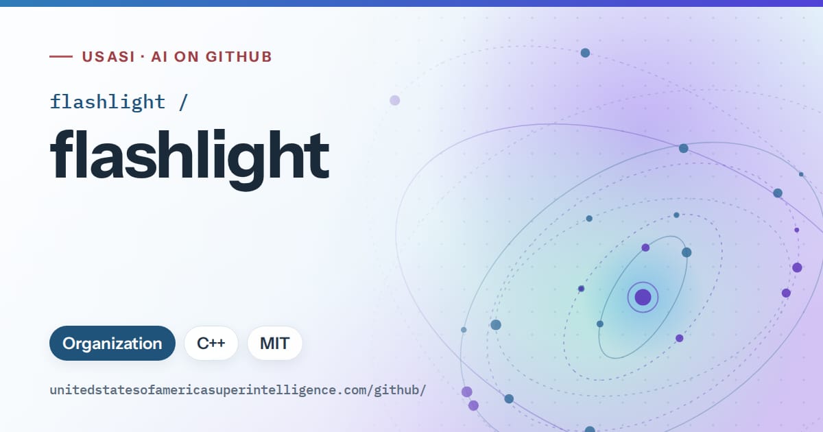Generated sky blue orbit artwork for flashlight/flashlight, labeled USASI · AI on GitHub, with Organization · C++ · MIT.