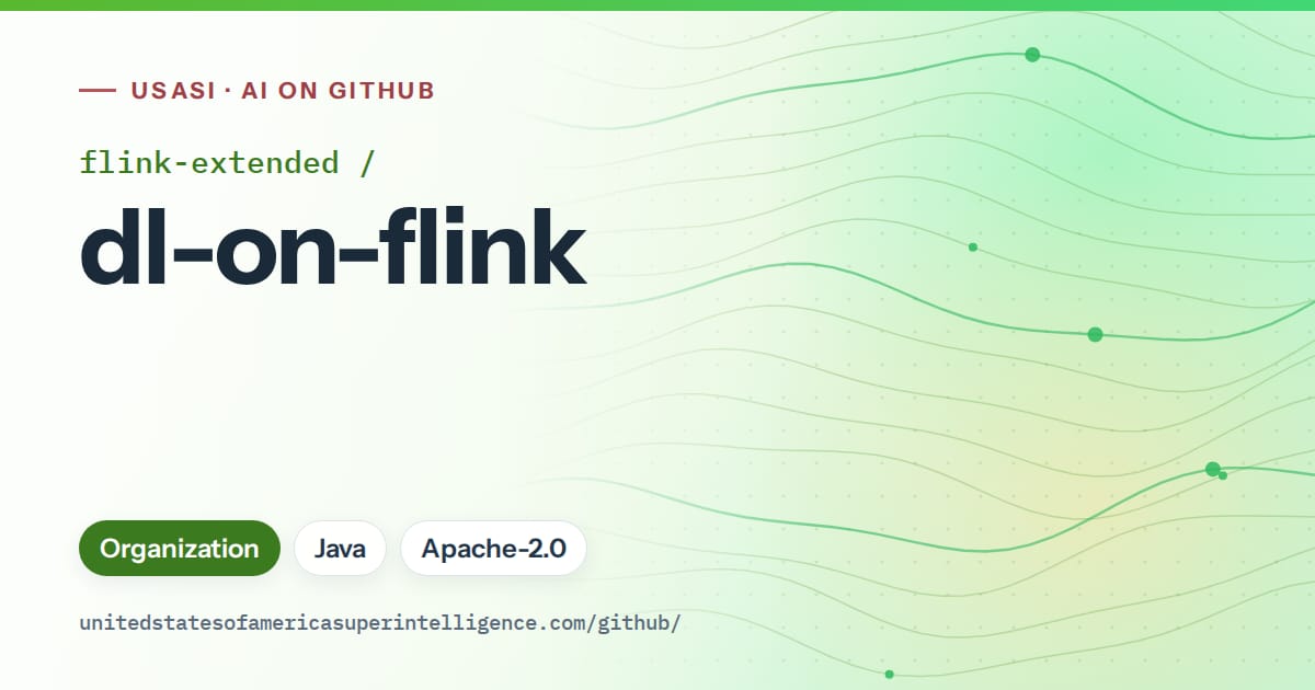 Generated green flowing-wave artwork for flink-extended/dl-on-flink, labeled USASI · AI on GitHub, with Organization · Java · Apache-2.0.