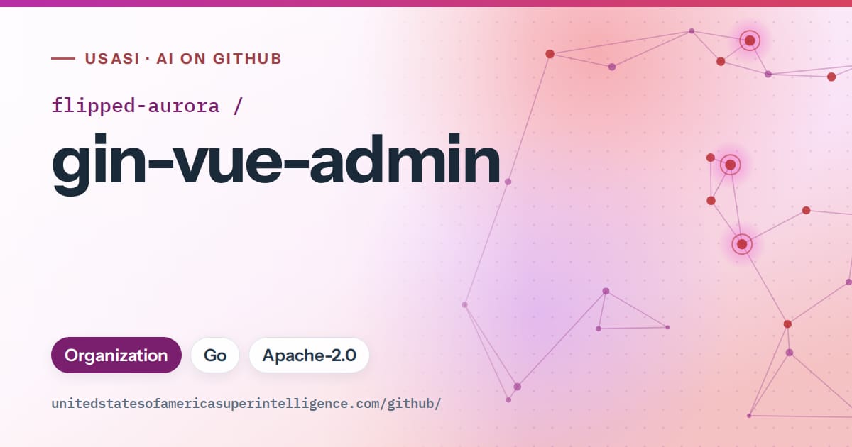 Generated purple constellation network artwork for flipped-aurora/gin-vue-admin, labeled USASI · AI on GitHub, with Organization · Go · Apache-2.0.