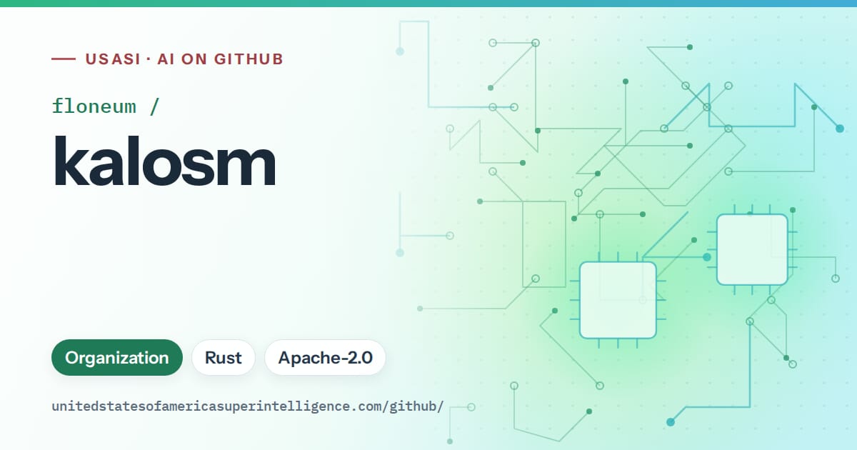 Generated teal circuit-trace artwork for floneum/kalosm, labeled USASI · AI on GitHub, with Organization · Rust · Apache-2.0.