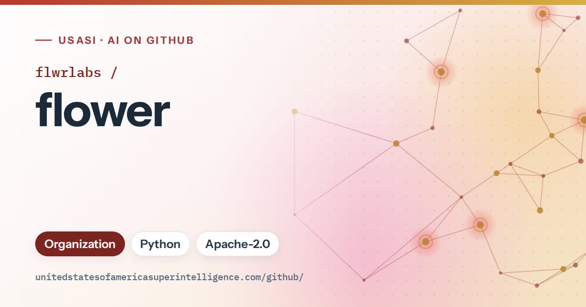 Generated red constellation network artwork for flwrlabs/flower, labeled USASI · AI on GitHub, with Organization · Python · Apache-2.0.