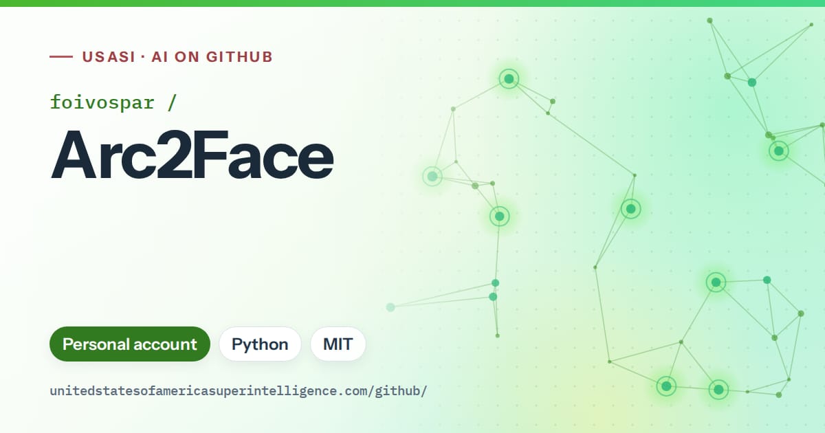 Generated green constellation network artwork for foivospar/Arc2Face, labeled USASI · AI on GitHub, with Personal account · Python · MIT.