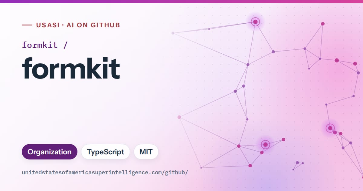 Generated violet constellation network artwork for formkit/formkit, labeled USASI · AI on GitHub, with Organization · TypeScript · MIT.