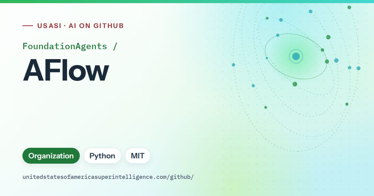 Generated green orbit artwork for FoundationAgents/AFlow, labeled USASI · AI on GitHub, with Organization · Python · MIT.