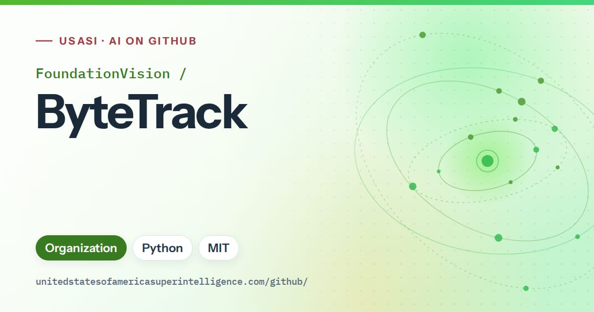 Generated green orbit artwork for FoundationVision/ByteTrack, labeled USASI · AI on GitHub, with Organization · Python · MIT.