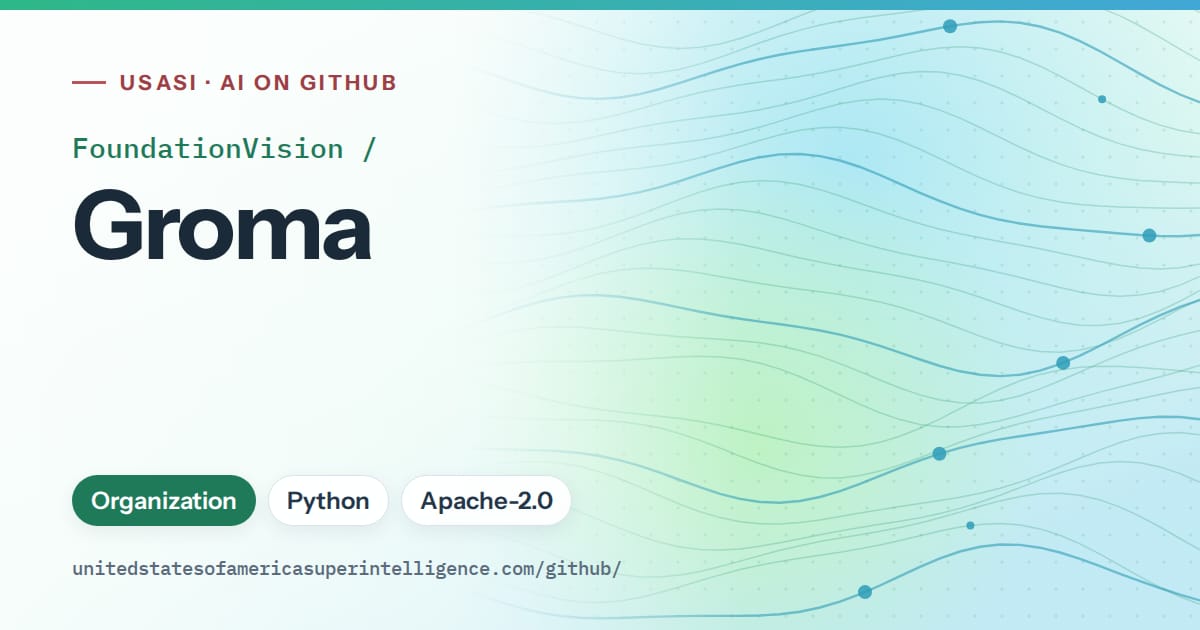 Generated teal flowing-wave artwork for FoundationVision/Groma, labeled USASI · AI on GitHub, with Organization · Python · Apache-2.0.