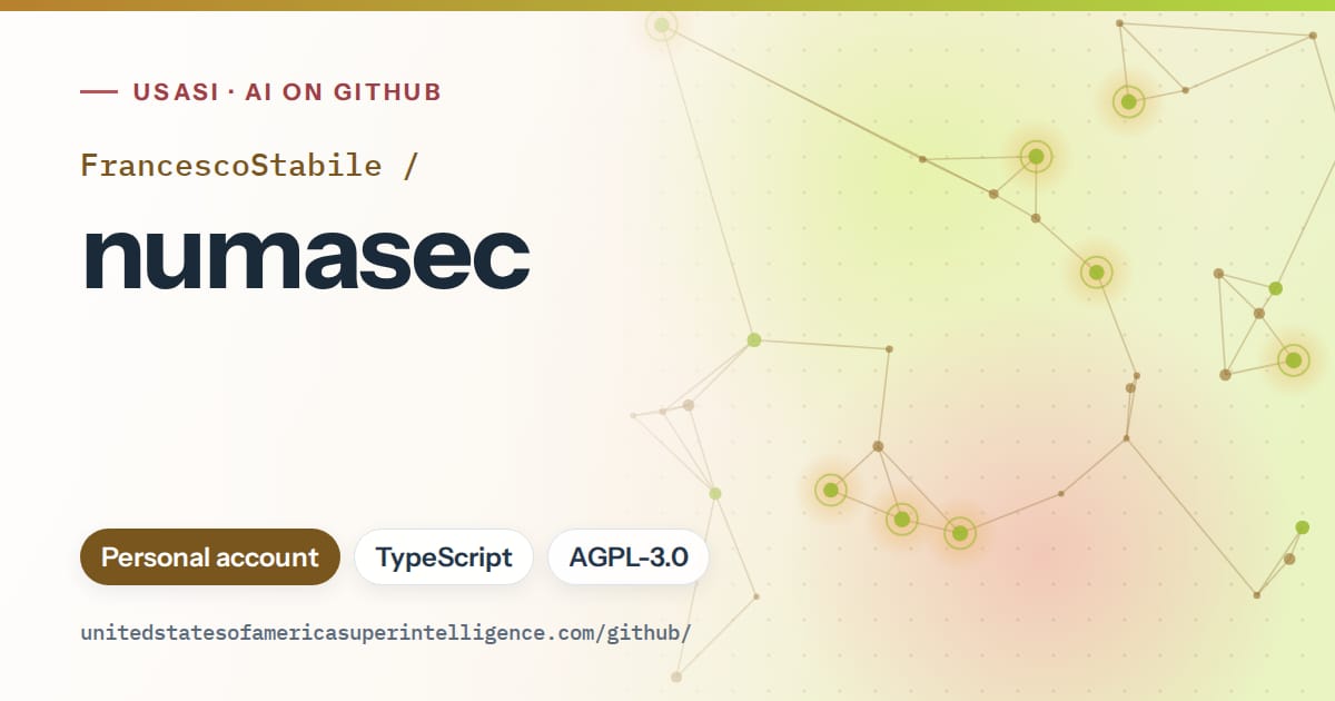 Generated orange constellation network artwork for FrancescoStabile/numasec, labeled USASI · AI on GitHub, with Personal account · TypeScript · AGPL-3.0.