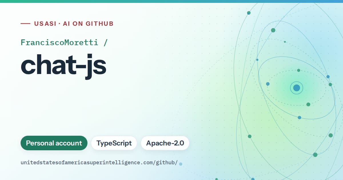 Generated teal orbit artwork for FranciscoMoretti/chat-js, labeled USASI · AI on GitHub, with Personal account · TypeScript · Apache-2.0.