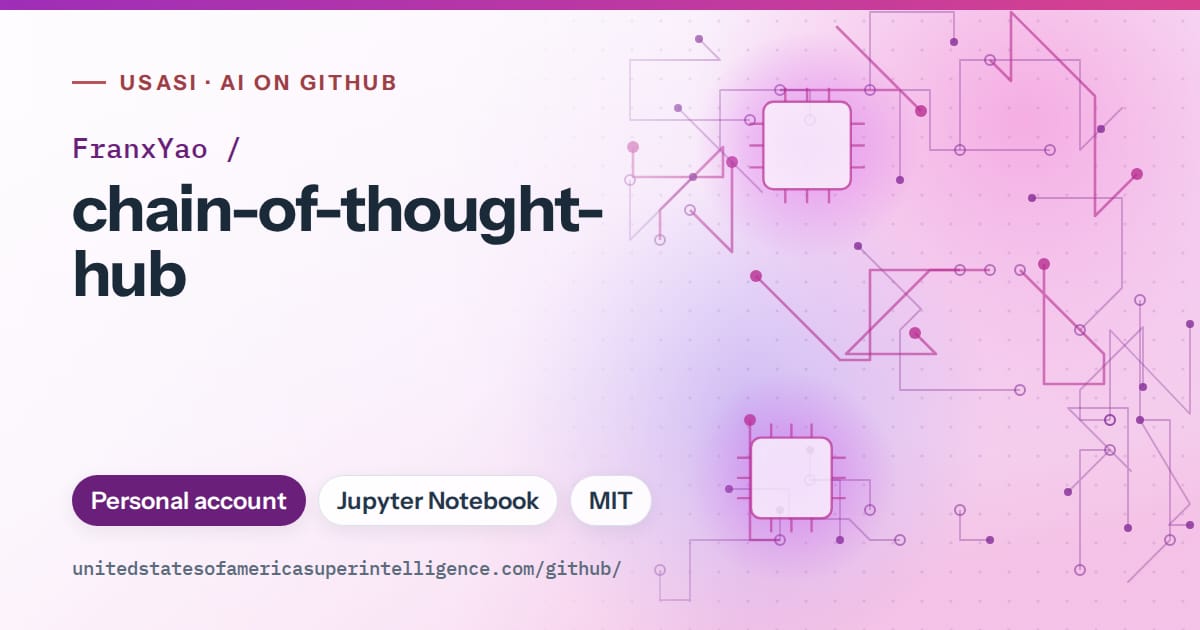 Generated purple circuit-trace artwork for FranxYao/chain-of-thought-hub, labeled USASI · AI on GitHub, with Personal account · Jupyter Notebook · MIT.