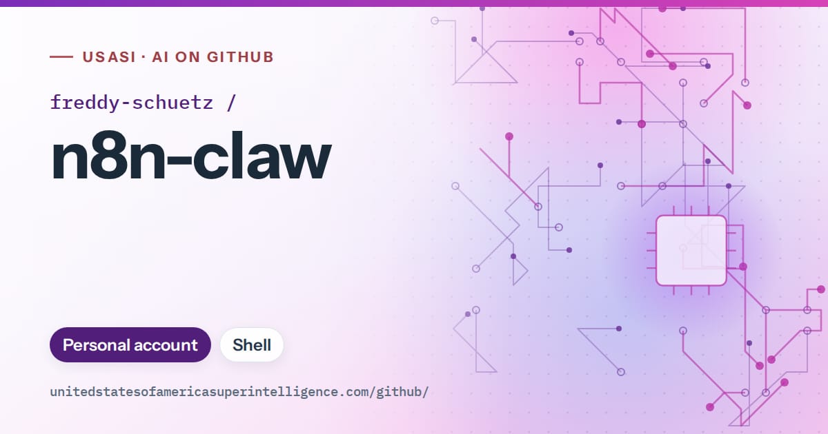 Generated violet circuit-trace artwork for freddy-schuetz/n8n-claw, labeled USASI · AI on GitHub, with Personal account · Shell.