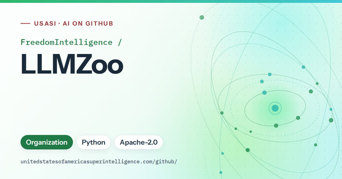 Generated green orbit artwork for FreedomIntelligence/LLMZoo, labeled USASI · AI on GitHub, with Organization · Python · Apache-2.0.