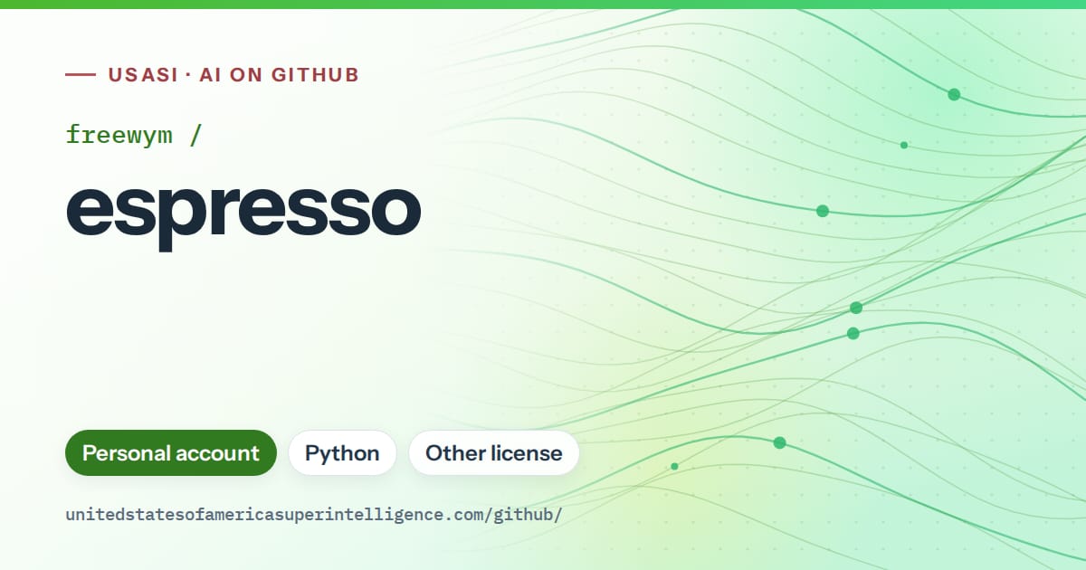 Generated green flowing-wave artwork for freewym/espresso, labeled USASI · AI on GitHub, with Personal account · Python · Other license.
