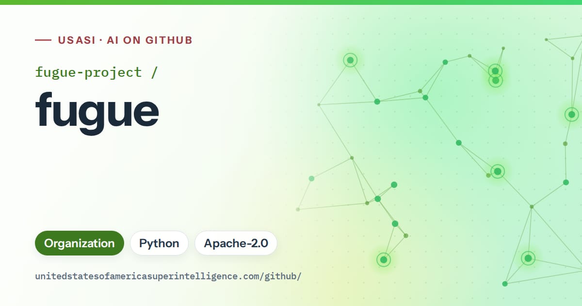 Generated green constellation network artwork for fugue-project/fugue, labeled USASI · AI on GitHub, with Organization · Python · Apache-2.0.