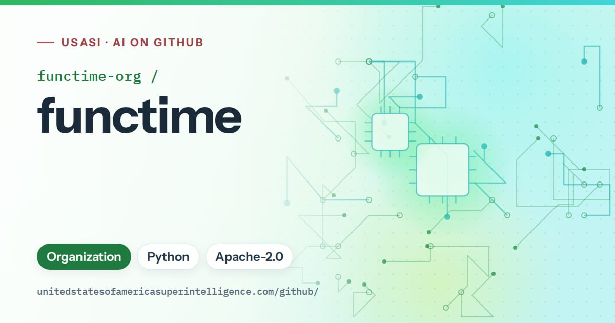 Generated green circuit-trace artwork for functime-org/functime, labeled USASI · AI on GitHub, with Organization · Python · Apache-2.0.