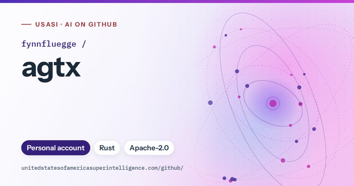 Generated violet orbit artwork for fynnfluegge/agtx, labeled USASI · AI on GitHub, with Personal account · Rust · Apache-2.0.