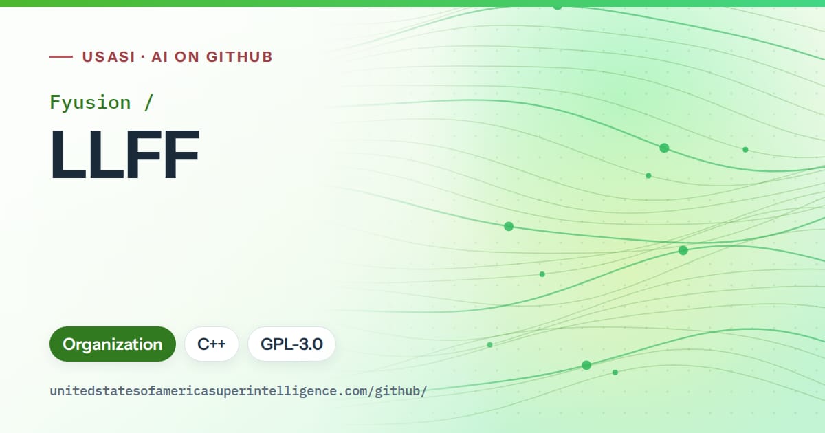 Generated green flowing-wave artwork for Fyusion/LLFF, labeled USASI · AI on GitHub, with Organization · C++ · GPL-3.0.