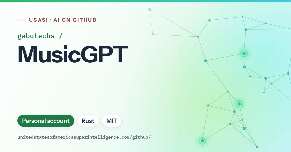 Generated green constellation network artwork for gabotechs/MusicGPT, labeled USASI · AI on GitHub, with Personal account · Rust · MIT.