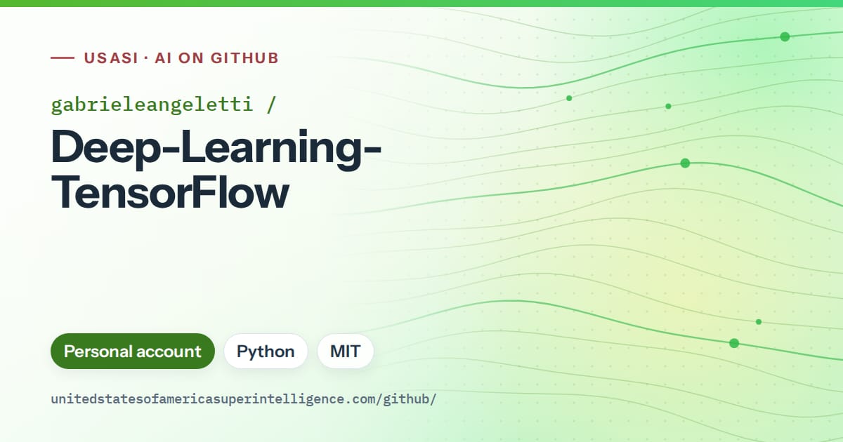 Generated green flowing-wave artwork for gabrieleangeletti/Deep-Learning-TensorFlow, labeled USASI · AI on GitHub, with Personal account · Python · MIT.
