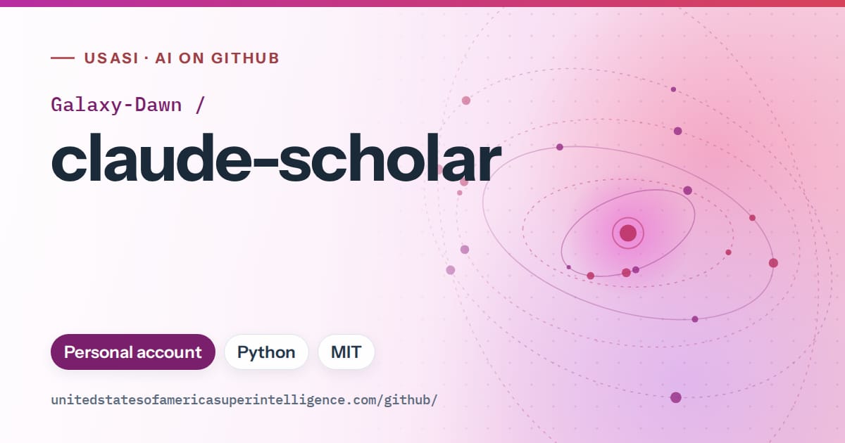 Generated purple orbit artwork for Galaxy-Dawn/claude-scholar, labeled USASI · AI on GitHub, with Personal account · Python · MIT.