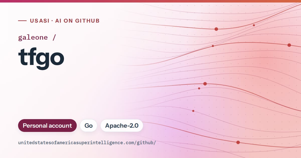 Generated pink flowing-wave artwork for galeone/tfgo, labeled USASI · AI on GitHub, with Personal account · Go · Apache-2.0.