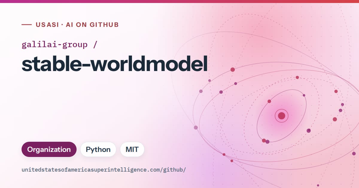 Generated purple orbit artwork for galilai-group/stable-worldmodel, labeled USASI · AI on GitHub, with Organization · Python · MIT.