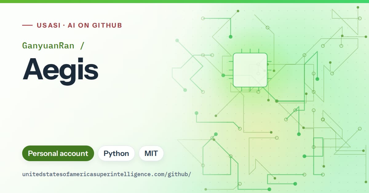 Generated green circuit-trace artwork for GanyuanRan/Aegis, labeled USASI · AI on GitHub, with Personal account · Python · MIT.