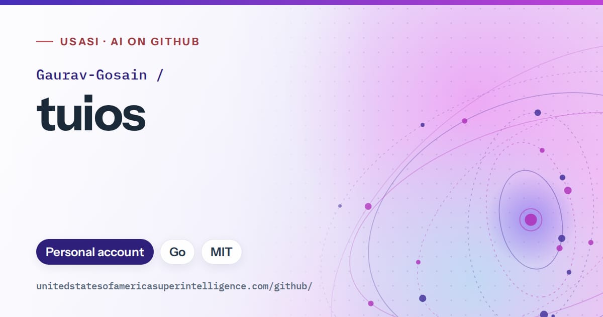 Generated violet orbit artwork for Gaurav-Gosain/tuios, labeled USASI · AI on GitHub, with Personal account · Go · MIT.