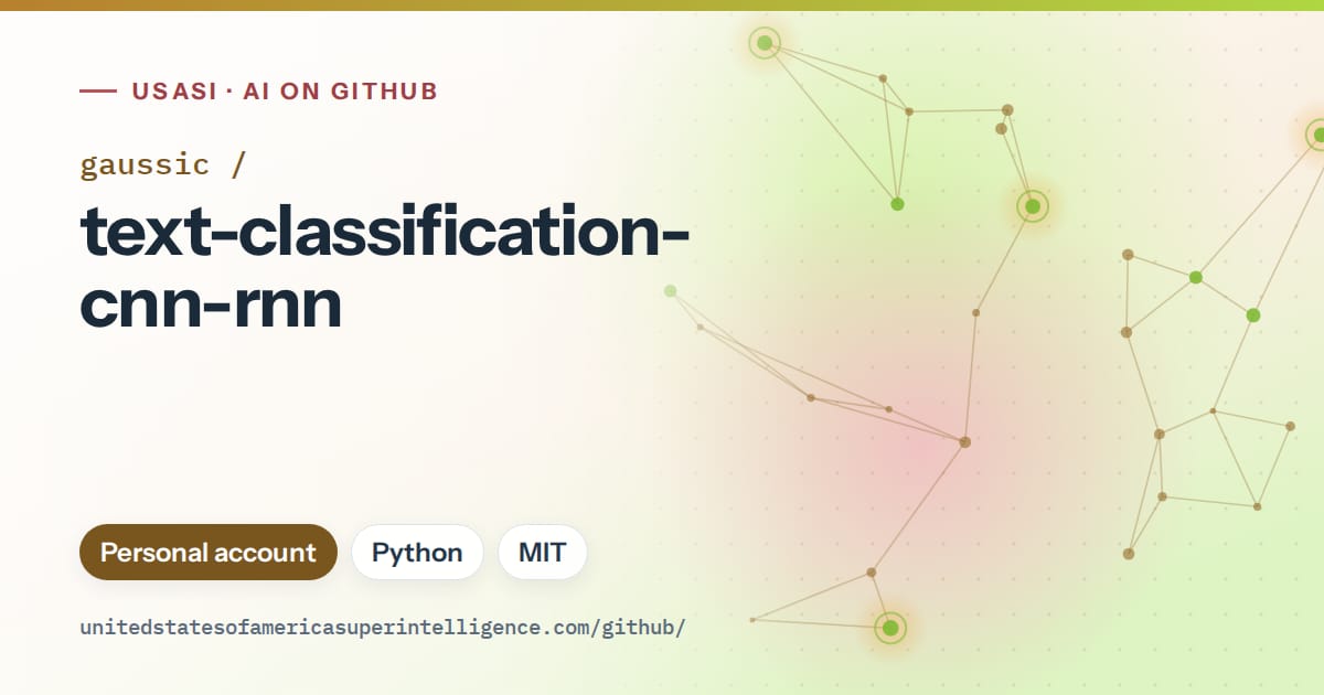 Generated orange constellation network artwork for gaussic/text-classification-cnn-rnn, labeled USASI · AI on GitHub, with Personal account · Python · MIT.