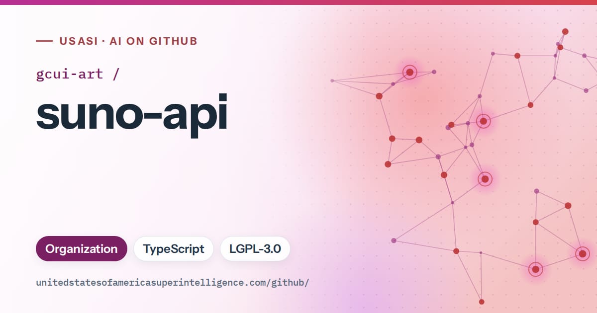 Generated purple constellation network artwork for gcui-art/suno-api, labeled USASI · AI on GitHub, with Organization · TypeScript · LGPL-3.0.