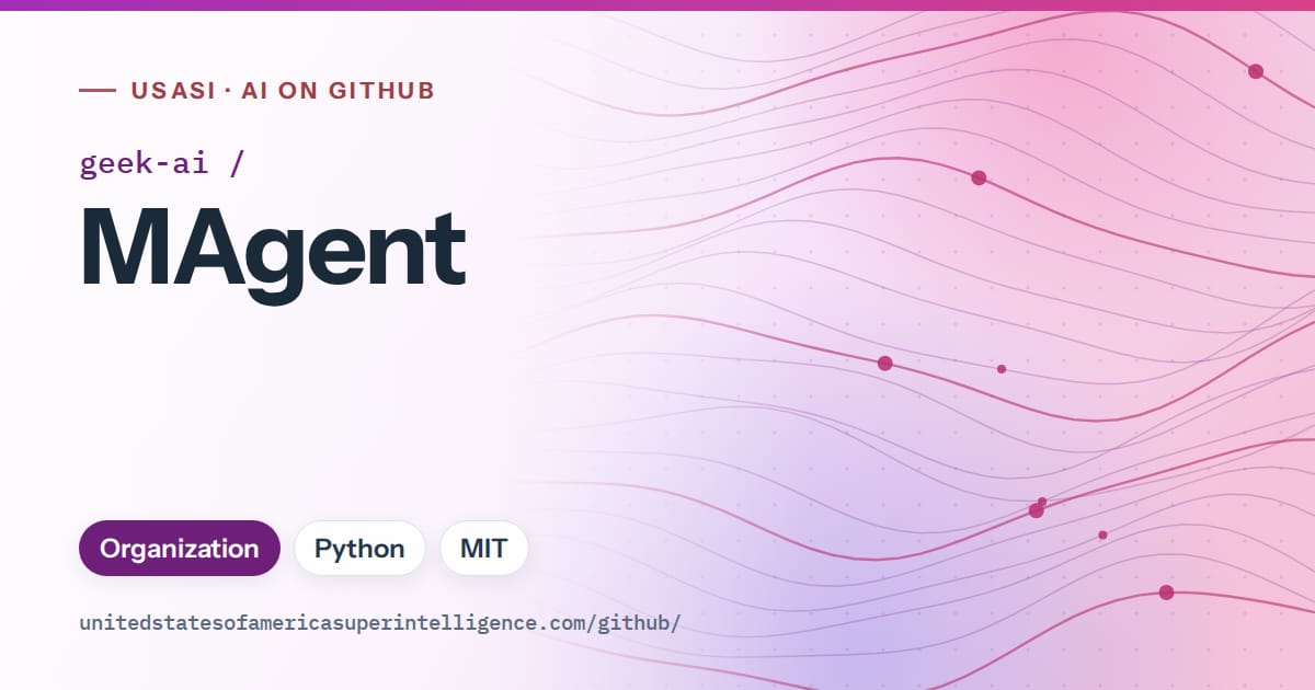 Generated purple flowing-wave artwork for geek-ai/MAgent, labeled USASI · AI on GitHub, with Organization · Python · MIT.