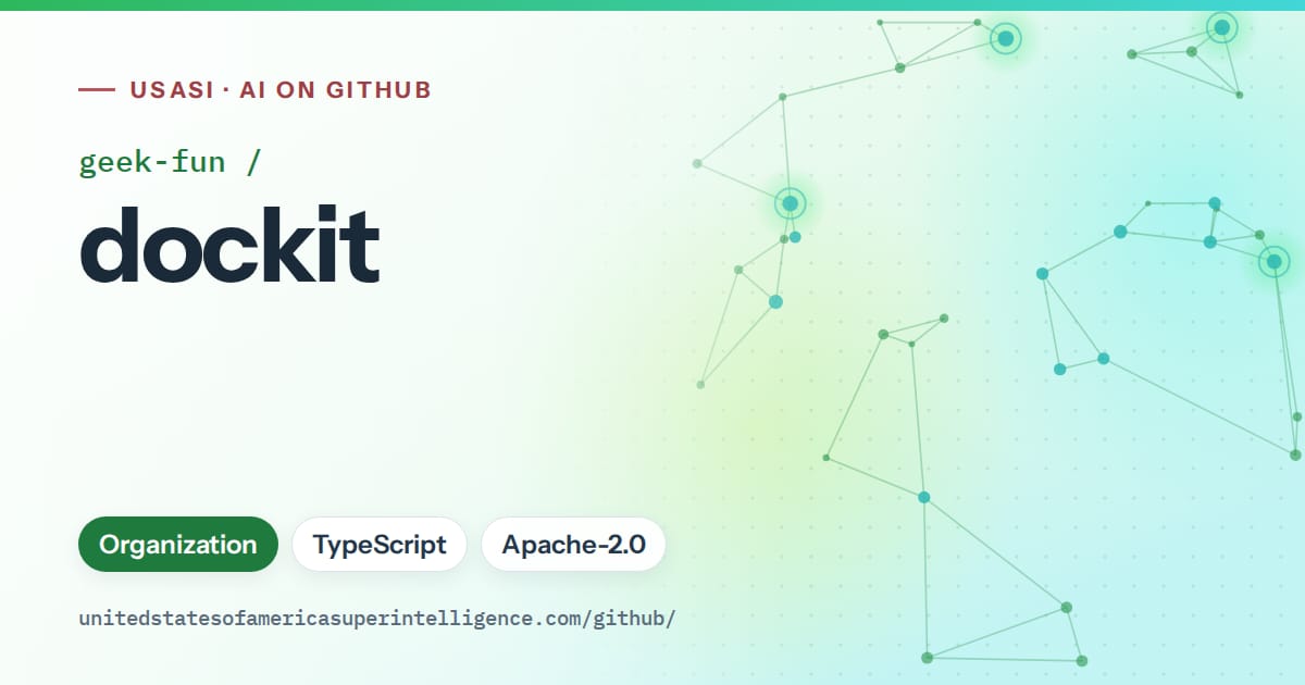 Generated green constellation network artwork for geek-fun/dockit, labeled USASI · AI on GitHub, with Organization · TypeScript · Apache-2.0.