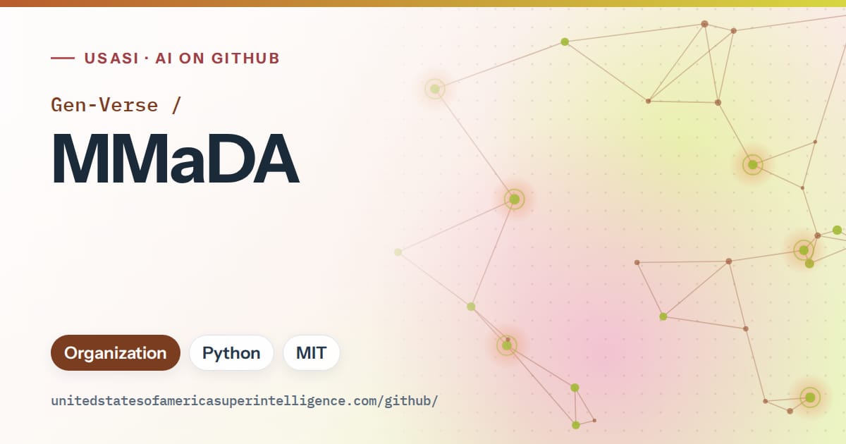 Generated orange constellation network artwork for Gen-Verse/MMaDA, labeled USASI · AI on GitHub, with Organization · Python · MIT.