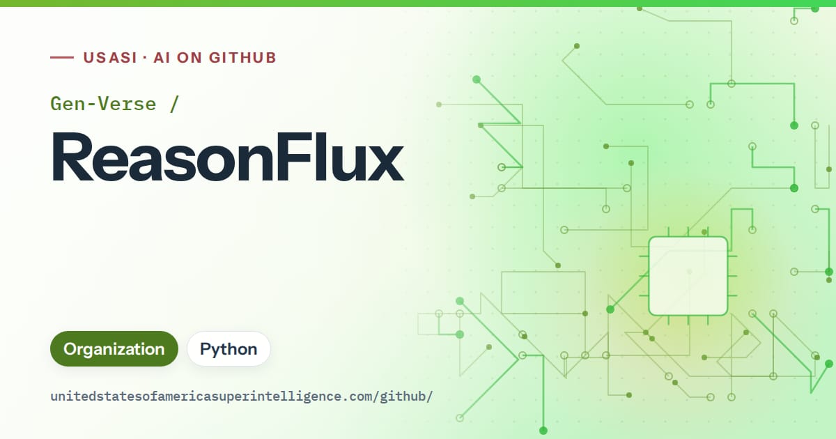 Generated green circuit-trace artwork for Gen-Verse/ReasonFlux, labeled USASI · AI on GitHub, with Organization · Python.