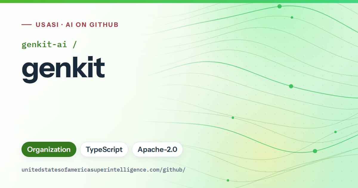 Generated green flowing-wave artwork for genkit-ai/genkit, labeled USASI · AI on GitHub, with Organization · TypeScript · Apache-2.0.