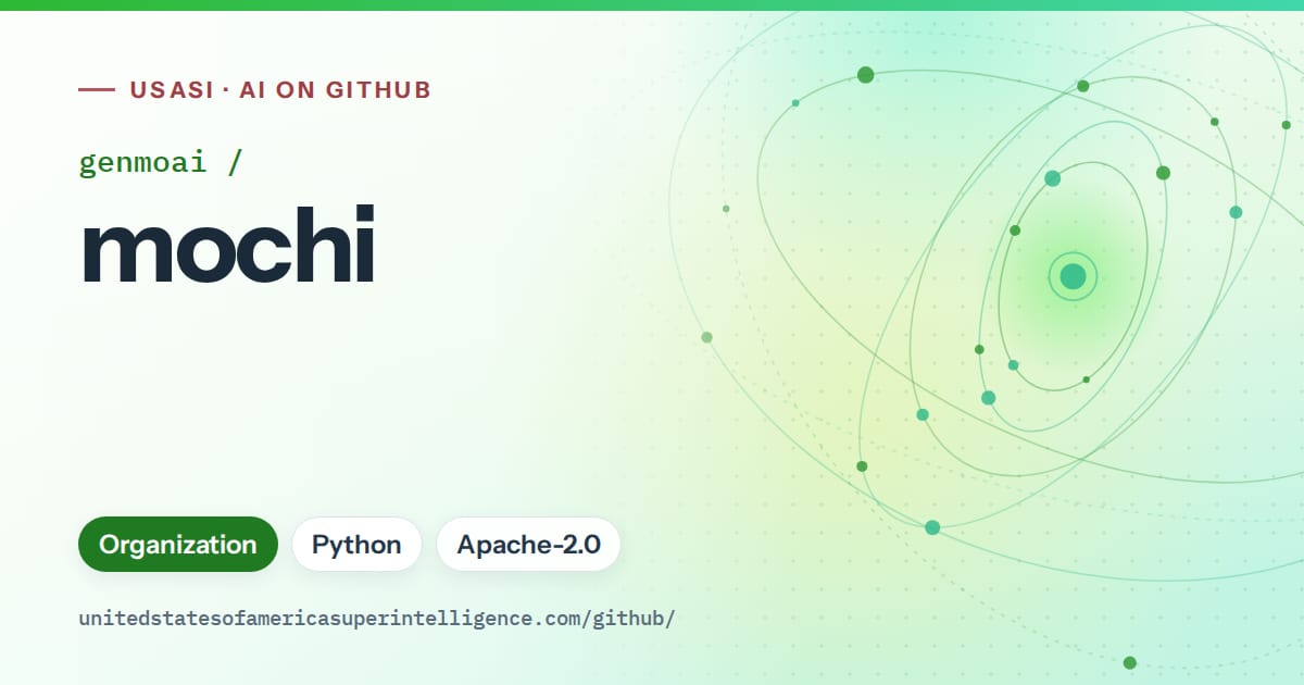 Generated green orbit artwork for genmoai/mochi, labeled USASI · AI on GitHub, with Organization · Python · Apache-2.0.